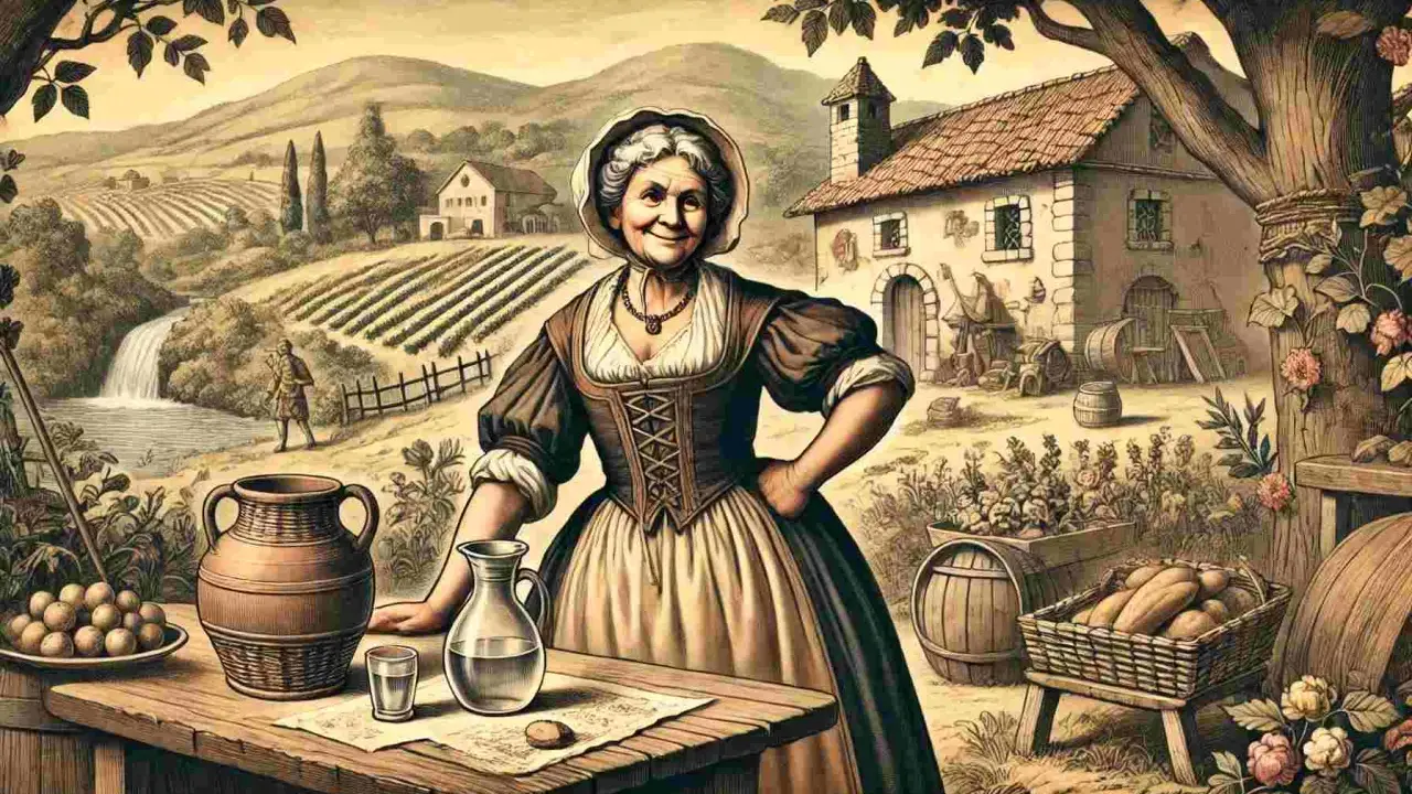 Una donna anziana, che ricorda Perpetua dei Promessi Sposi, sorride in un paesaggio rurale con vigneti e una cascata.