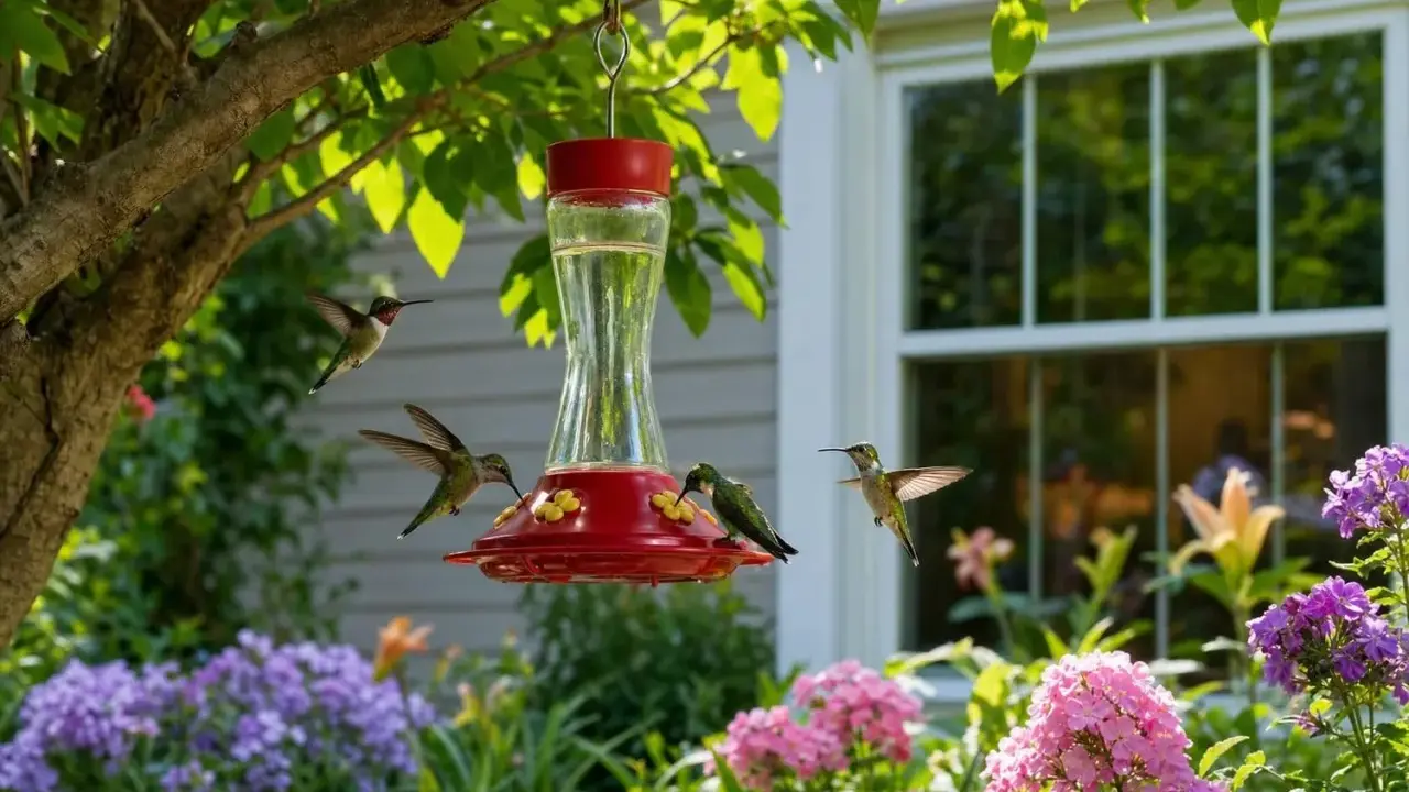 Quatre colibris s'approchent d'un abreuvoir rouge vif, entouré de fleurs colorées. Un colibri boit, un autre attend son tour, et deux autres volent autour.