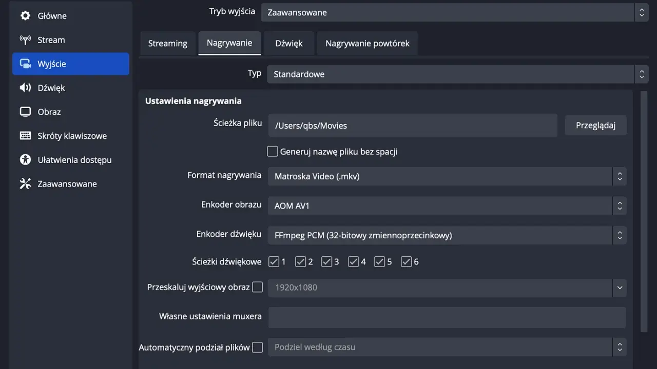 Ustawienia nagrywania wideo: ścieżka pliku, format .mkv, enkoder AOM AV1, dźwięk FFmpeg PCM, rozdzielczość 1920x1080, czyli **full HD jaka to rozdzielczość**.
