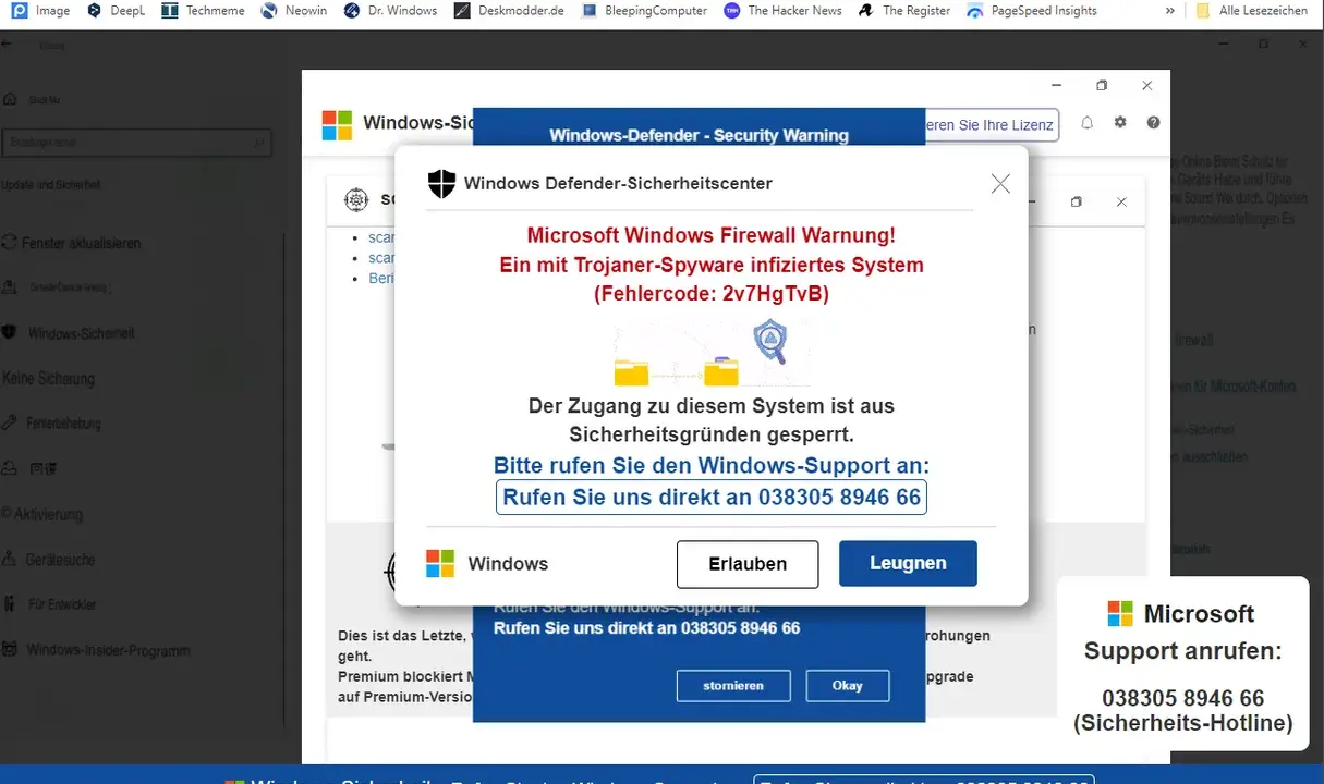 Fake Virus Meldung: Windows-Sicherheitscenter warnt vor Trojaner-Spyware. Um diese gefälschte Meldung zu entfernen, rufen Sie den Support unter 038305 8946 66 an.