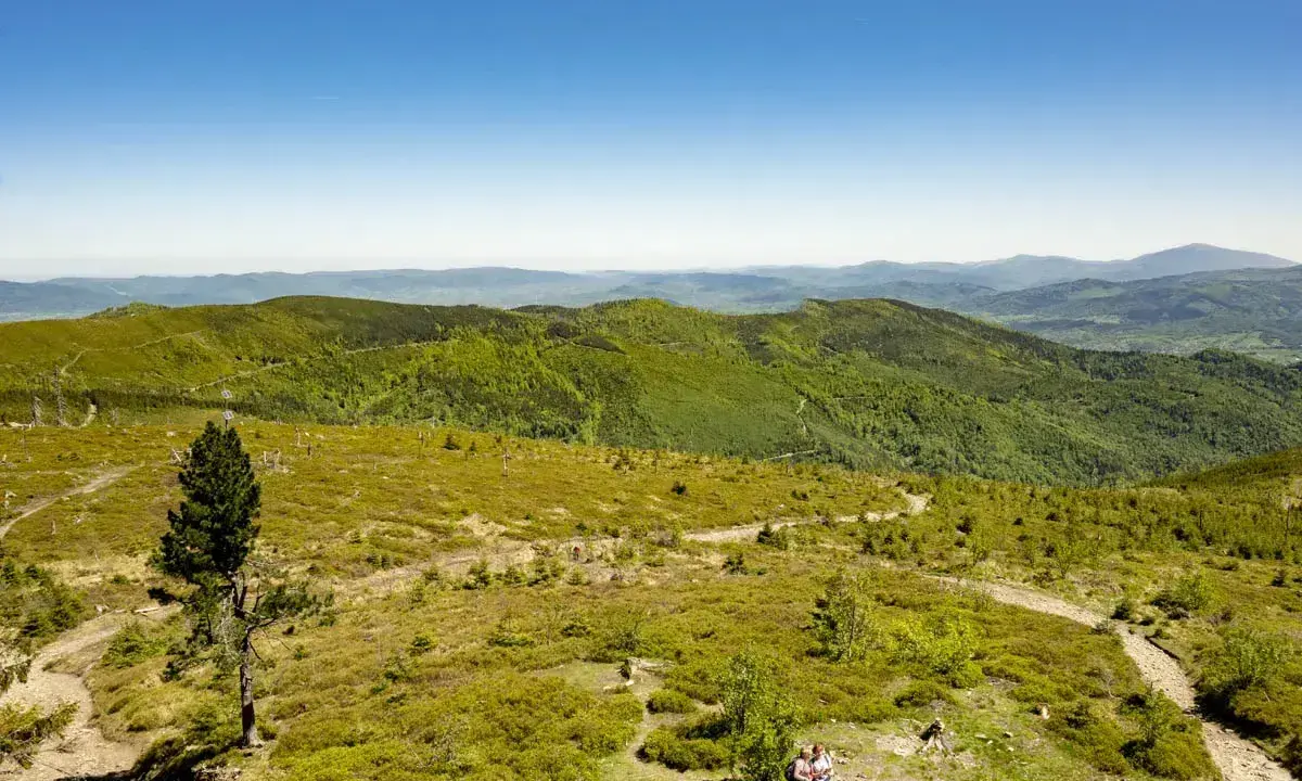 Widok z Baraniej Góry na zielone, pofałdowane wzgórza Beskidu Śląskiego. Dwie osoby podziwiają panoramę.