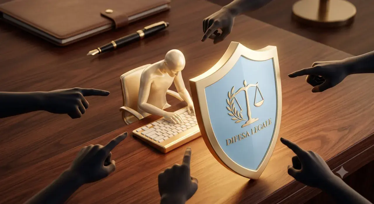 Man at keyboard surrounded by accusing fingers, shield with scales of justice. Denuncia per mobbing cosa si rischia.