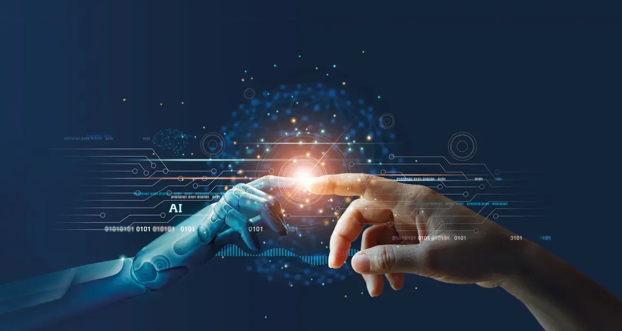 Eine Roboterhand und eine menschliche Hand berühren sich, ein Symbol für die utopie definition von KI und Menschheit.