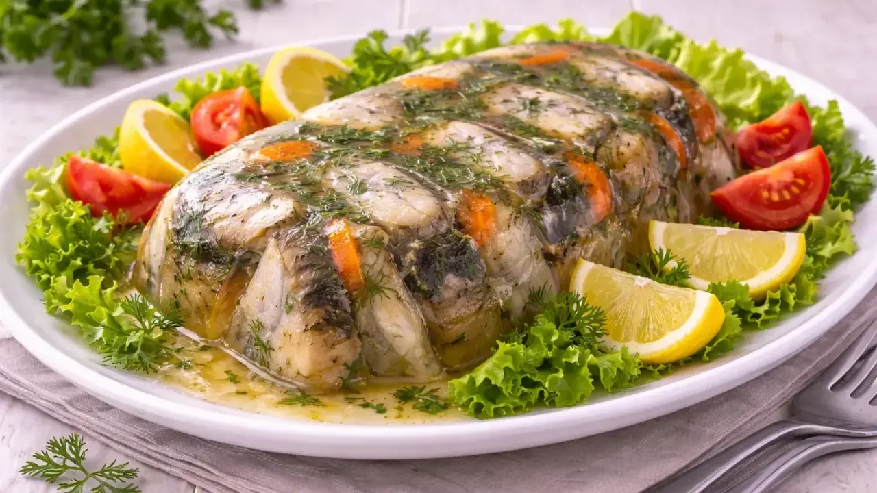 Ein festlich angerichteter Aal in Aspik, garniert mit Zitrone, Tomaten und Salat.
