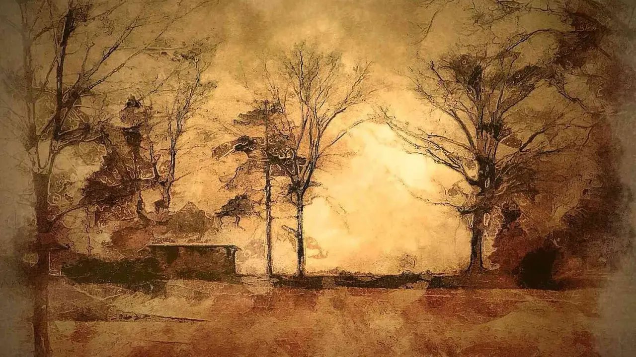 Monochrome art depicts bare trees in a hazy, sepia-toned landscape. A low, dark structure sits in the middle ground.