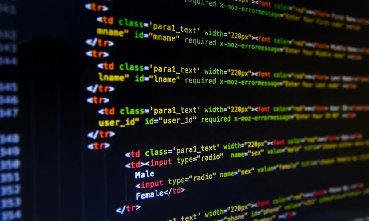 Kod HTML z polami formularza, idealny do nauki programowania. Widoczne pola na imię, nazwisko, ID użytkownika, płeć (radio buttony) i numer telefonu.