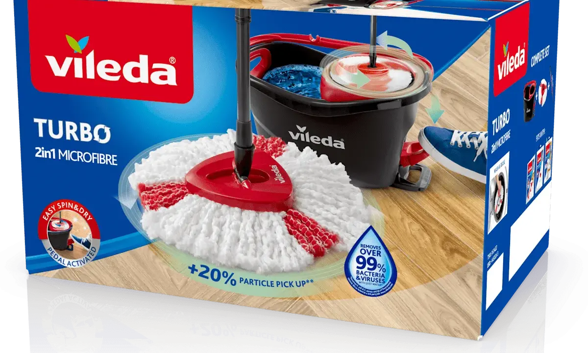 Pudełko mopa obrotowego Vileda Turbo z białą końcówką i czarnym wiadrem.