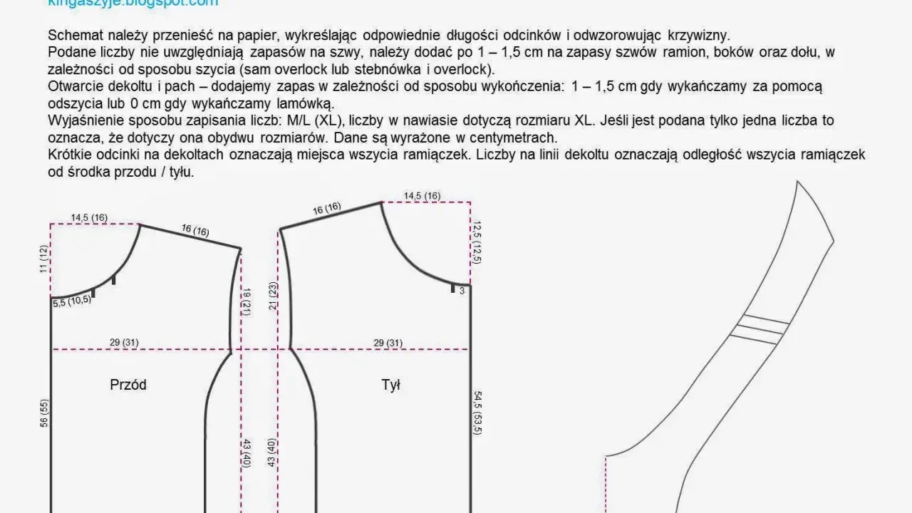 Schemat luźnego topu bez rękawów, idealny do szycia diy. Wzór zawiera wymiary przodu, tyłu i ramiączka.