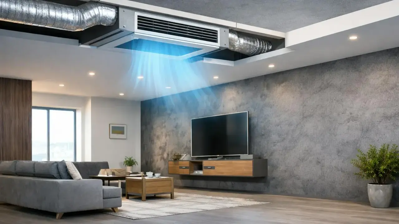 Un sistema fancoil integrado en el techo distribuye aire fresco en un salón moderno con sofá gris y TV.
