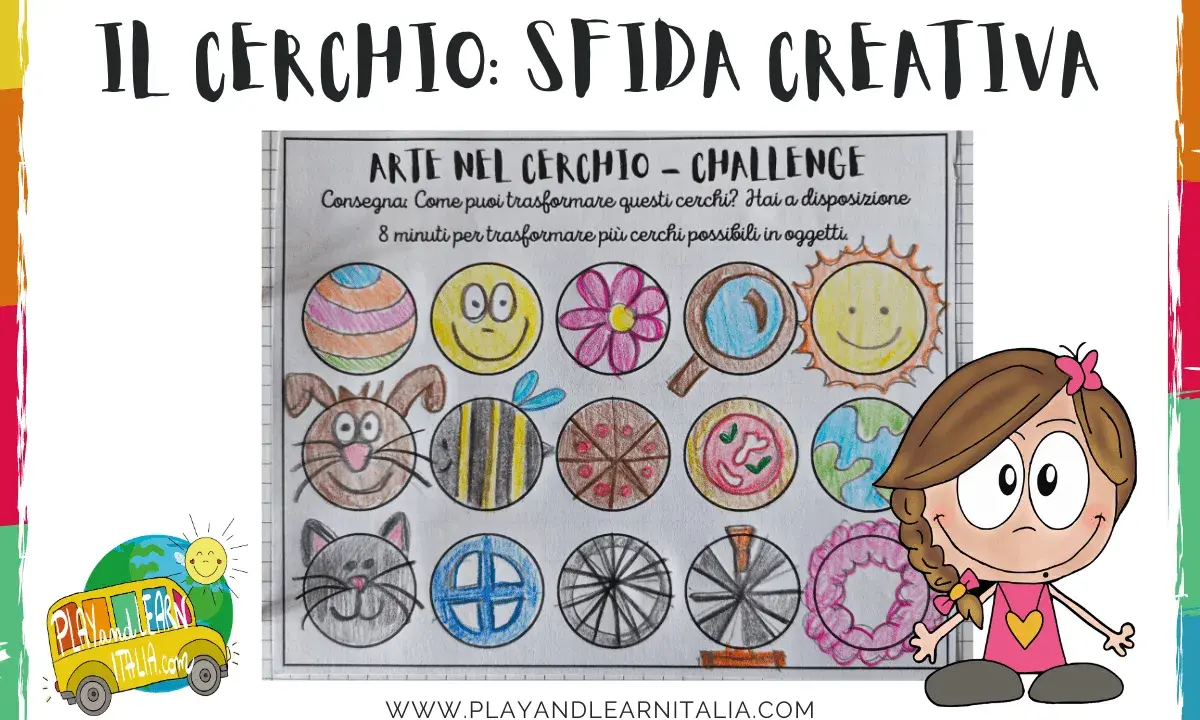 Attività di didattica multimediale: disegni creativi di cerchi trasformati in oggetti, come un sole sorridente, un gatto e un'ape.
