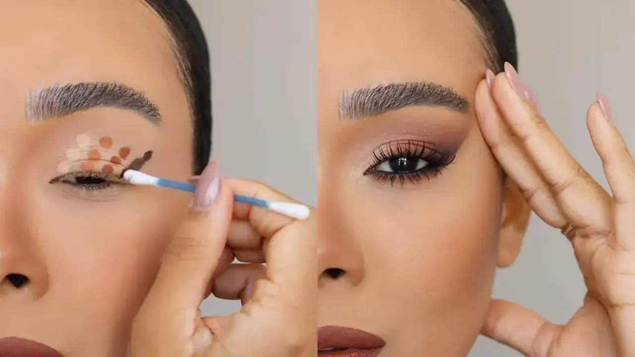 Tutorial: ombretto come metterlo. Un occhio con base e puntini marroni, l'altro con trucco sfumato e ciglia finte.