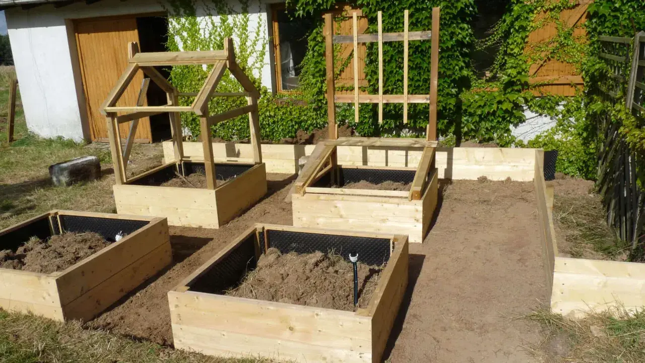 Un nouveau modèle de jardin potager en bois, prêt à accueillir les plantations. Des carrés surélevés avec des structures pour plantes grimpantes.