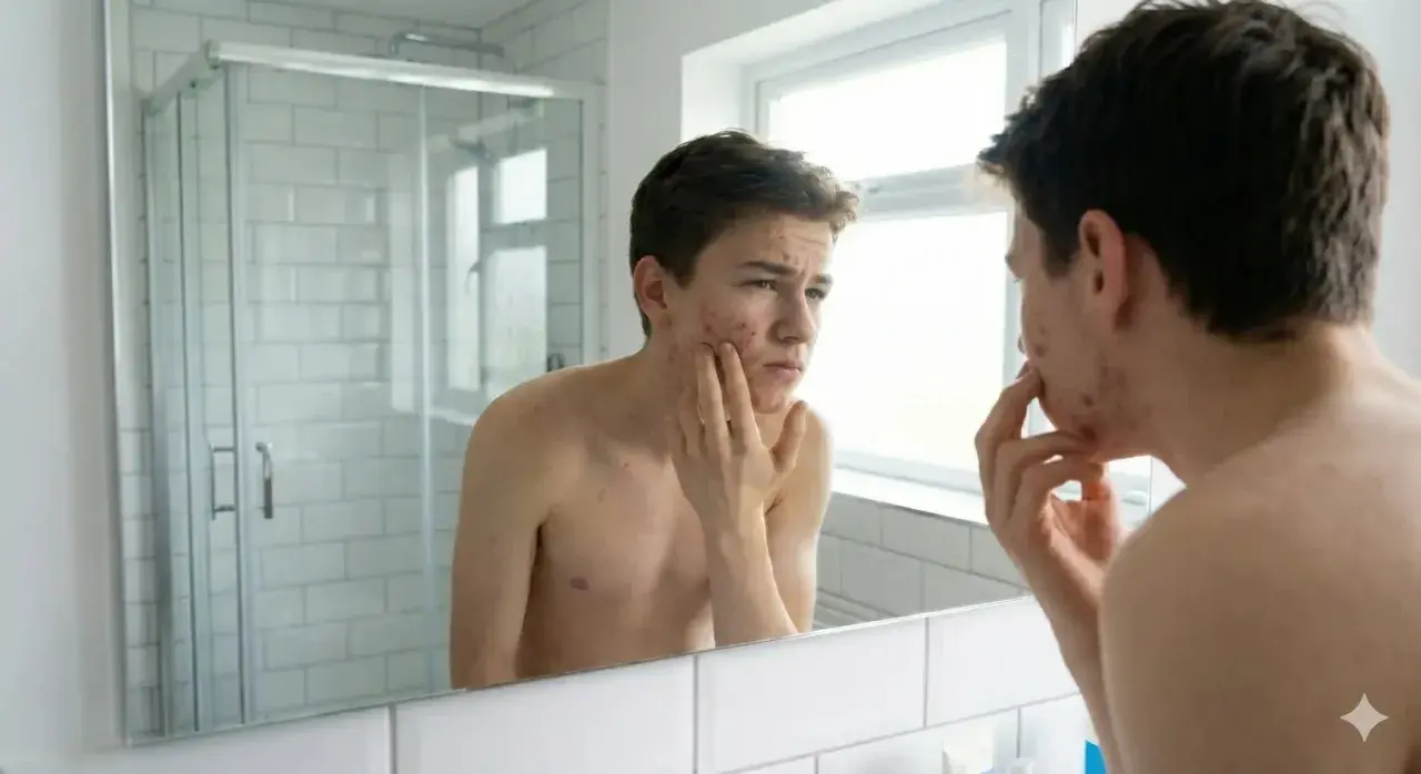 Un adolescent examine son visage dans le miroir, préoccupé par son acné.