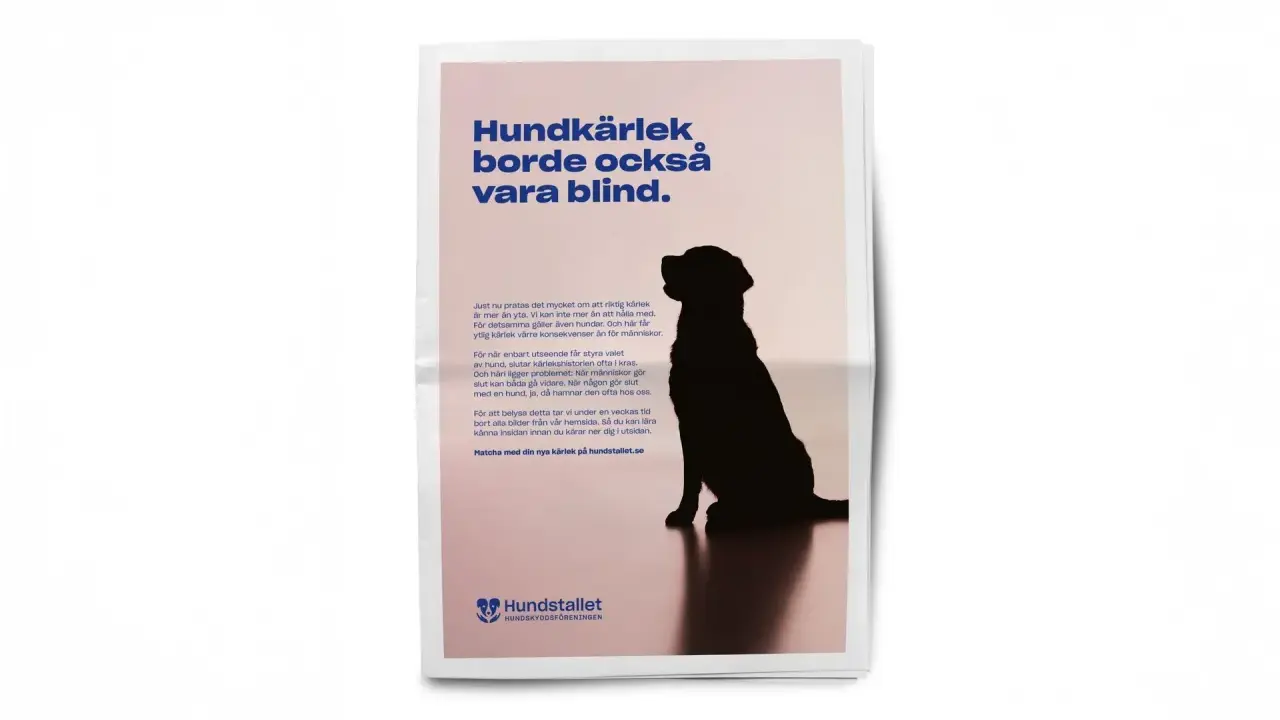 Silhuett av en hund som sitter. Texten uppmanar till empatisk kommunikation och att inte döma en hund enbart efter utseende.
