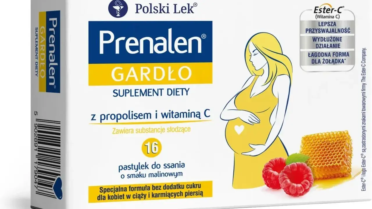 Prenalen Gardło - suplement diety z propolisem i witaminą C dla kobiet w ciąży. Pomaga złagodzić ból gardła, łagodna forma dla żołądka.