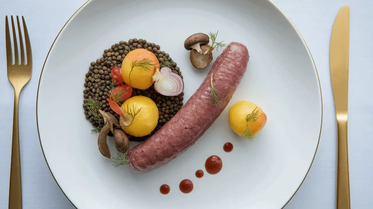 Une saucisse de Toulouse savoureuse, accompagnée de lentilles, de tomates cerises, de champignons et de petites pommes de terre dorées.