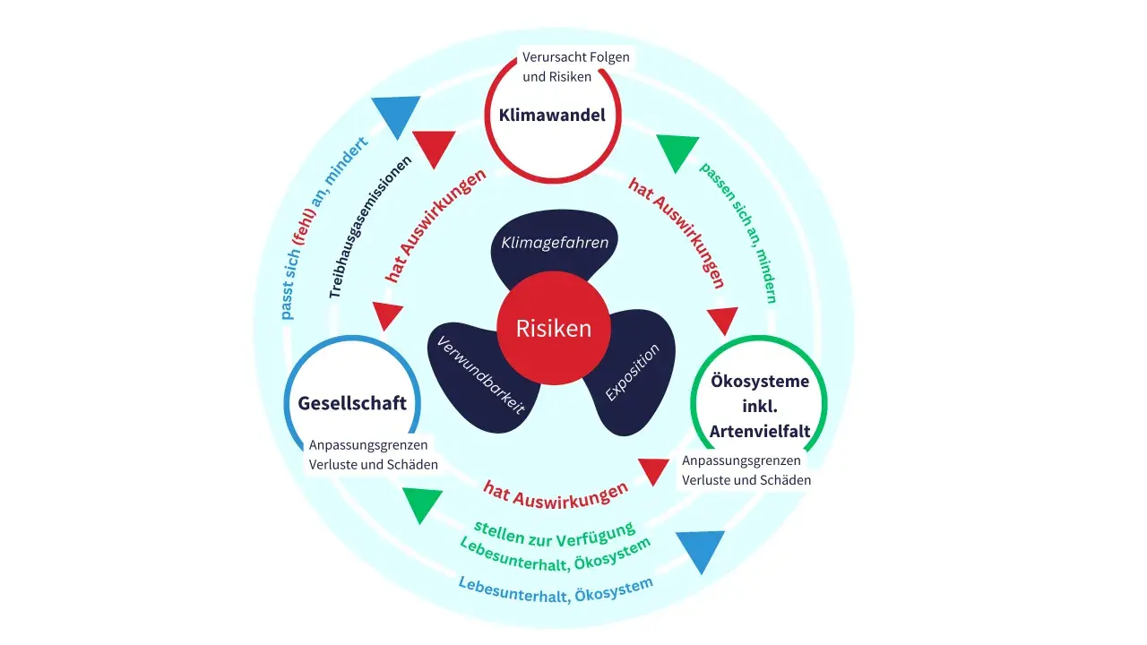 Kreislauf von Klimawandel, Risiken und Auswirkungen auf Gesellschaft und Ökosysteme. Zeigt, wie Anpassung und sozialer Ausgleich wichtig sind.