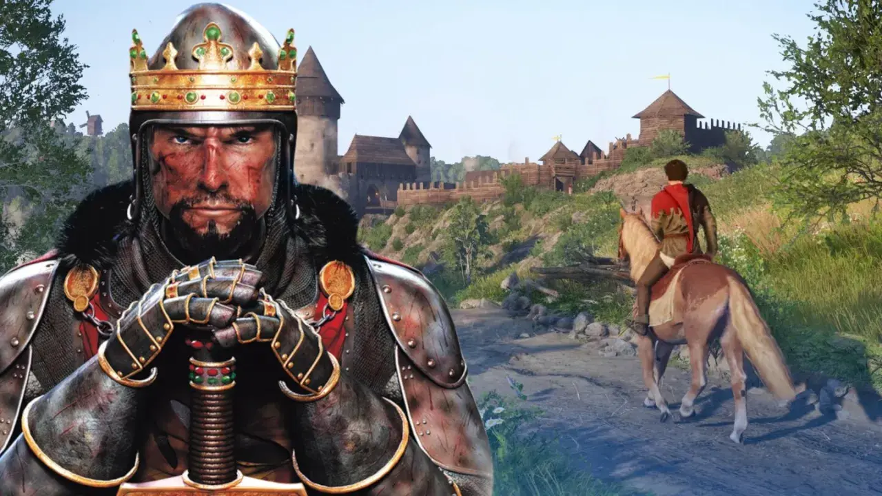 König mit Krone und Rüstung, im Hintergrund eine Burg und ein Reiter. Ein Bild aus mittelalterlichen Spielen.