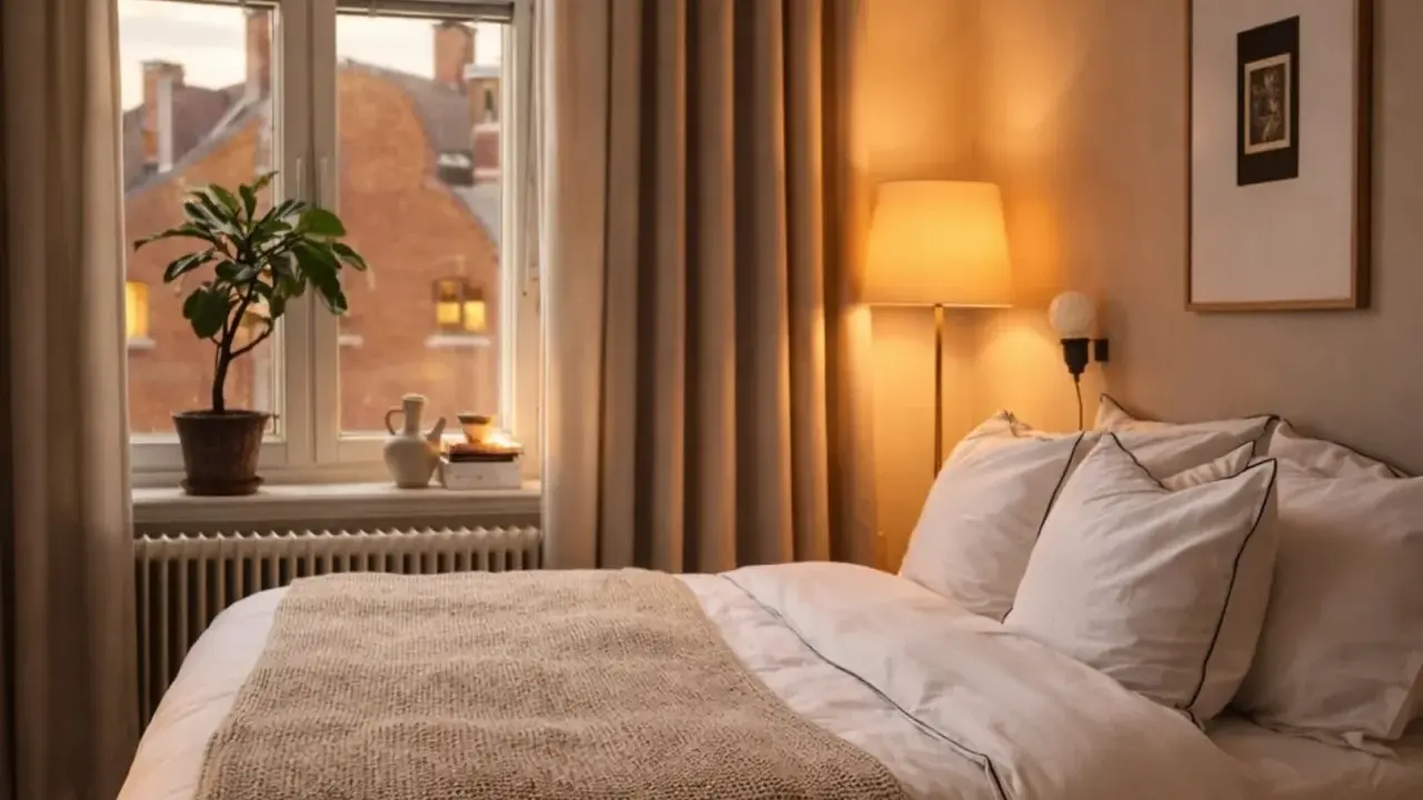 Ett mysigt rum med en bäddad säng, en fönsterbräda med en växt och en varm lampa som lyser upp.