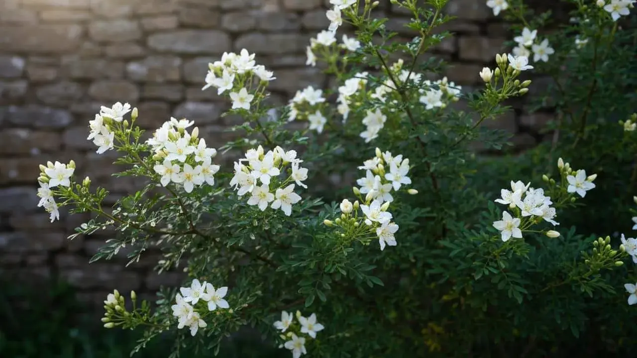 Oranger du Mexique en fleurs blanches, parfait avec des graminées ou des rosiers pour un jardin texturé.