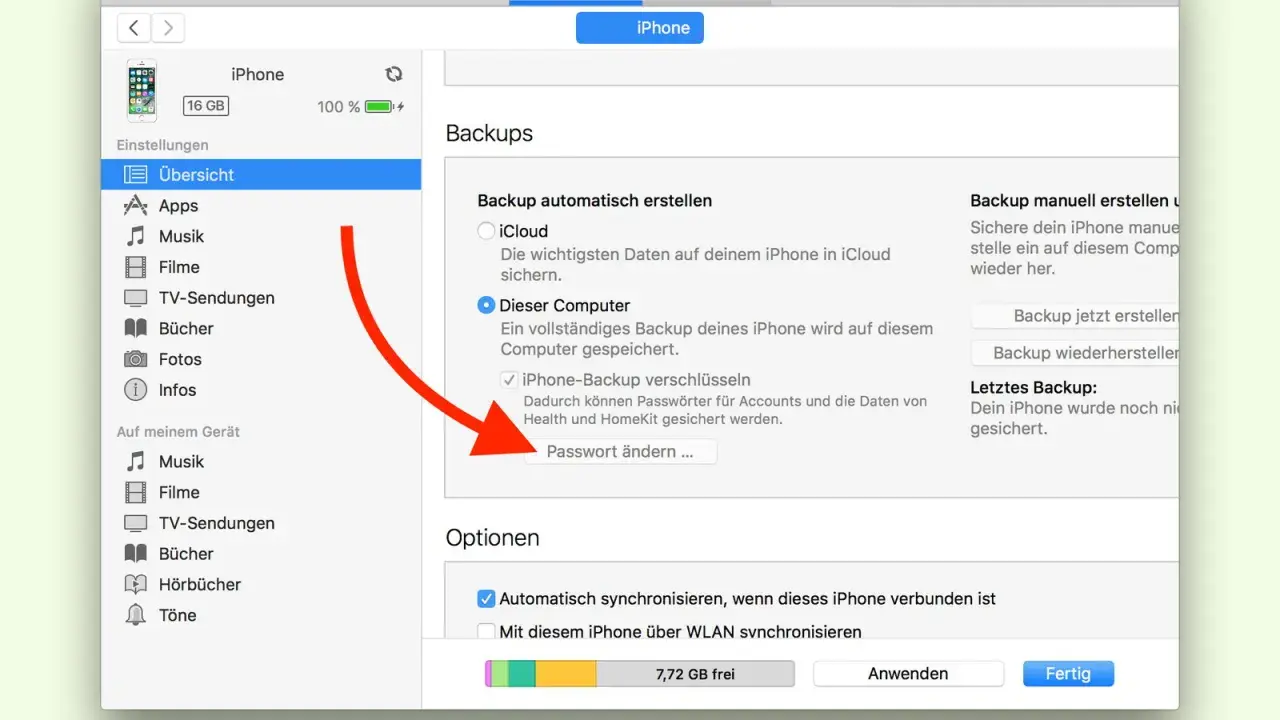 Bildschirmfoto zeigt die Einstellungen für ein iPhone-Backup. Ein roter Pfeil weist auf die Option "Passwort ändern", falls Sie Ihr iPhone Backup Passwort vergessen haben.
