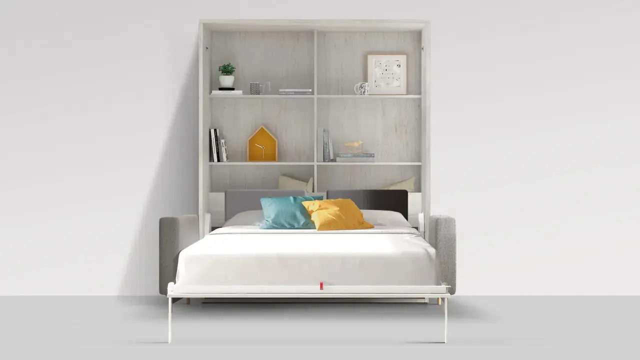 Cama abatible con estanterías. Estas camas que se levantan son perfectas para optimizar el espacio en cualquier habitación.