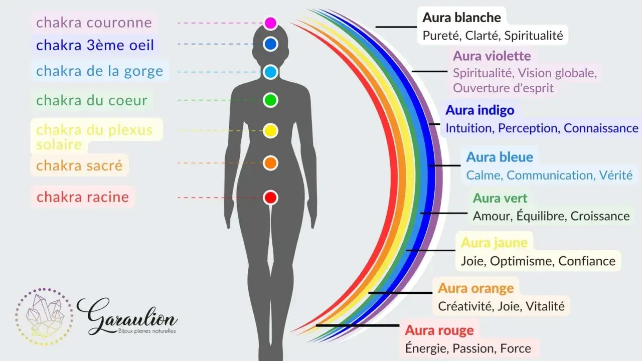 Diagramme des chakras et des couleurs de l'aura, de la couronne à la racine, avec leurs significations.