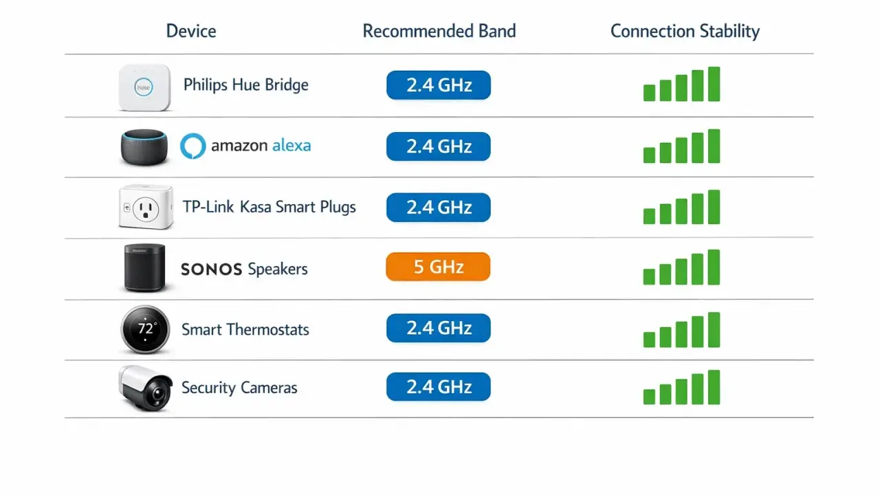 Tabelle zeigt Geräte und empfohlene WLAN-Bänder. SONOS Lautsprecher nutzen 5 GHz, andere Geräte 2,4 GHz.