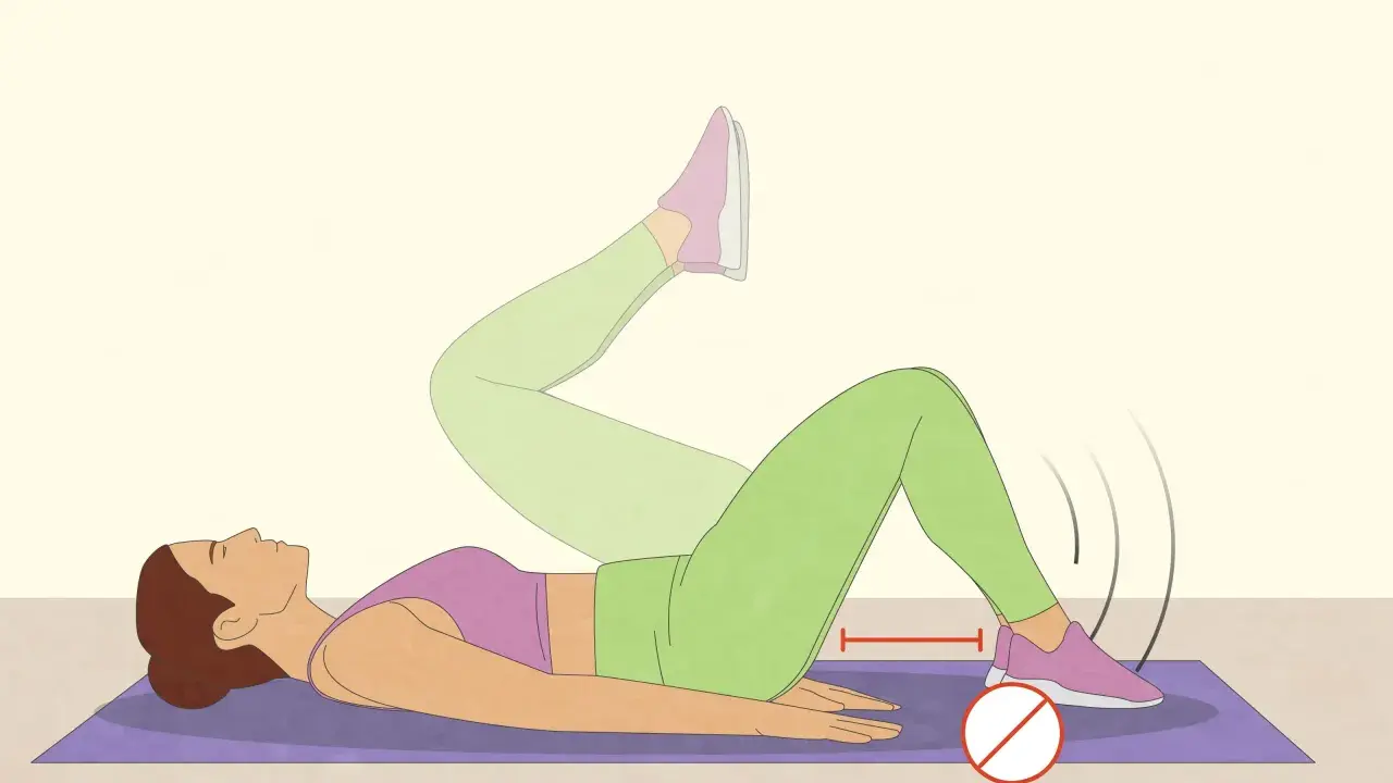 Donna esegue crunch inverso sollevando le gambe, con un segno di divieto vicino ai piedi per indicare di non toccare terra.