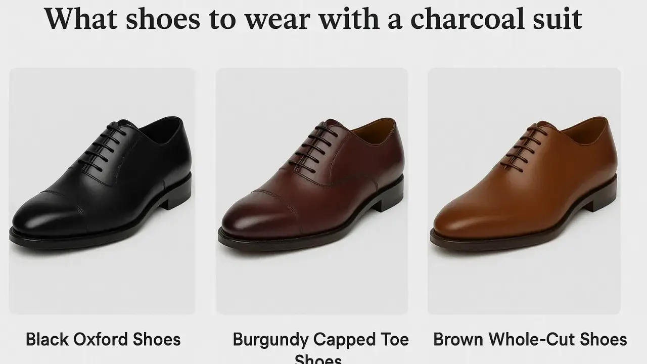 Three pairs of dress shoes: black oxfords, burgundy capped toes, and brown whole-cuts, perfect for a charcoal suit.