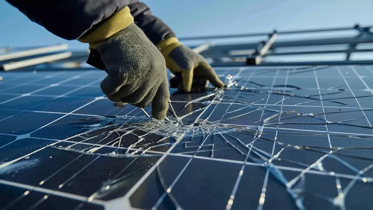 Mains gantées inspectent un panneau solaire cassé, les éclats de verre brillant sous le soleil.