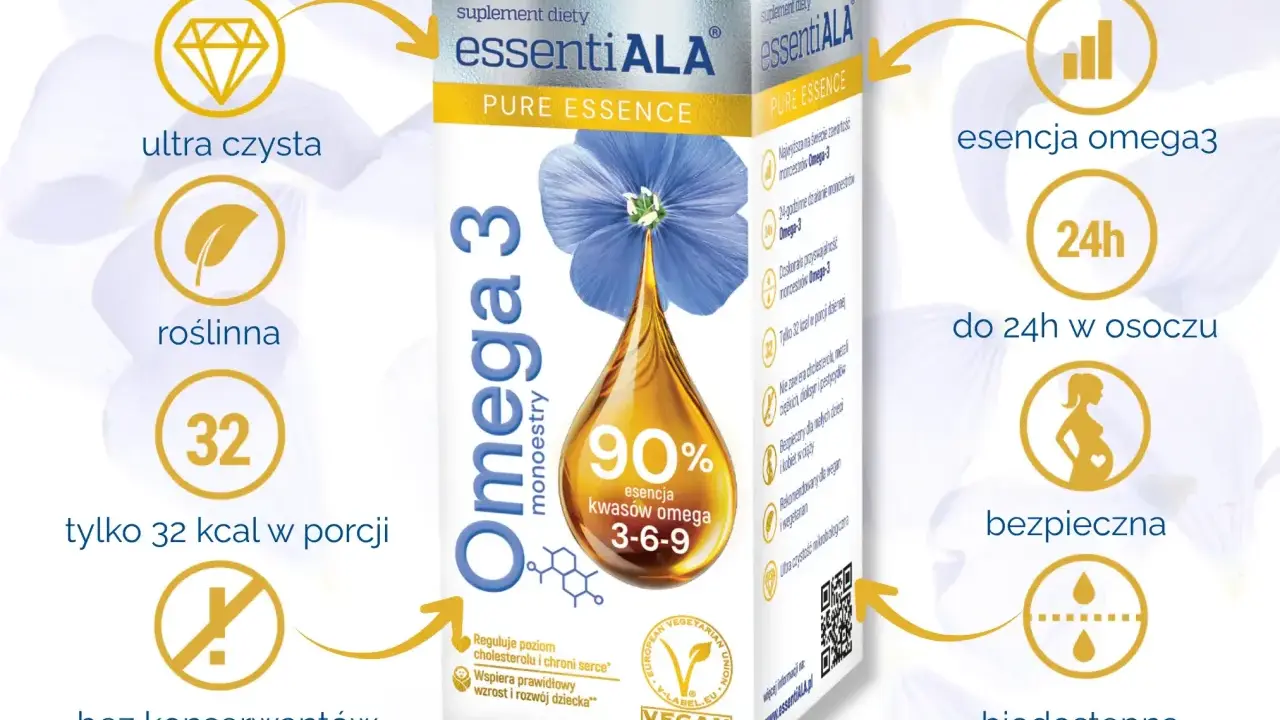 Suplement diety essentiALA Omega 3: 90% esencji kwasów omega 3-6-9. Dowiedz się, ile omega 3 dziennie jest optymalne.