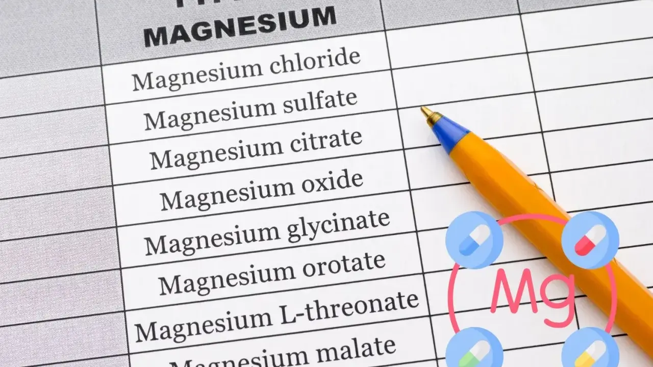 Tabela z rodzajami magnezu, w tym glicynian magnezu. Obok długopis i ikony tabletek.