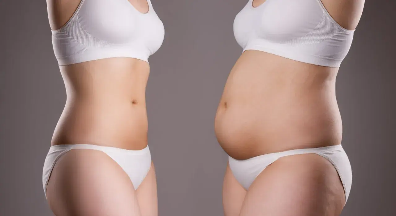 Comparaison de deux silhouettes : l'une mince et tonique, l'autre avec un ventre plus rond, illustrant le parcours pour perdre de la graisse.