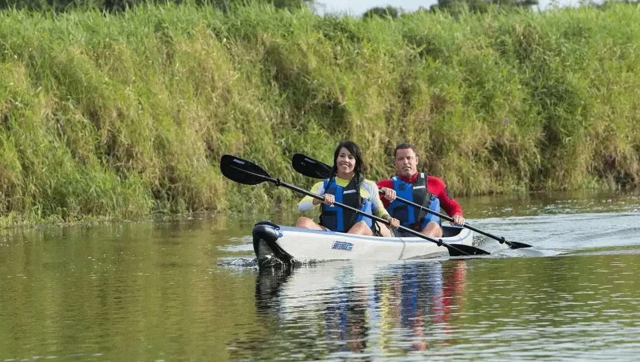 Zwei Personen paddeln in einem Kajak auf einem ruhigen Fluss, umgeben von üppigem grünen Ufergras. Sie genießen die Natur, vielleicht auf der Suche nach einem majestätischen Seeadler.