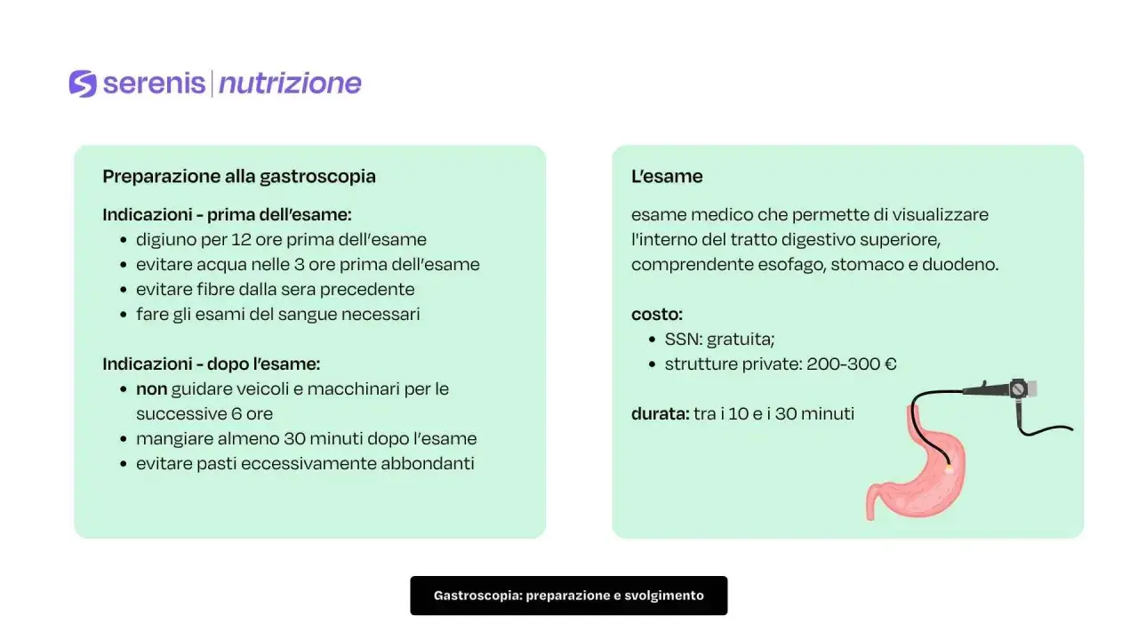 Guida alla preparazione gastroscopia: digiuno, cosa evitare prima e dopo, costi e durata. Illustrazione di uno stomaco con endoscopio.
