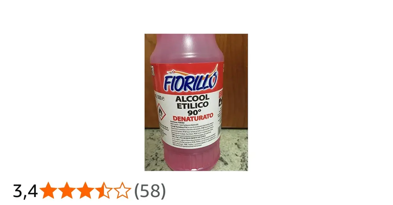 Flacone di alcool etilico denaturato 90° Fiorillo, con avvertenze di pericolo e istruzioni in caso di contatto con la pelle.