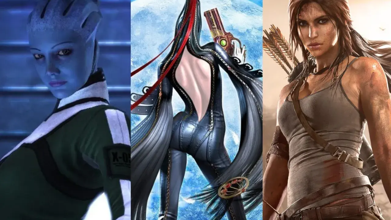 Trzy ikoniczne postacie z gier: niebieskoskóra Liara T'Soni, seksowna Bayonetta i dzielna Lara Croft.
