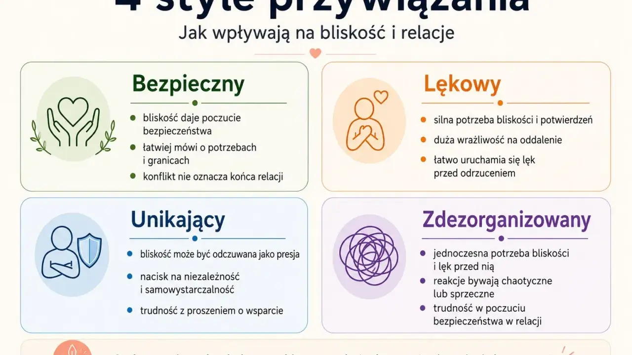 4 style przywiązania: bezpieczny, lękowy, unikający, zdezorganizowany. Każdy z nich wpływa na bliskość i relacje, a unikowy styl przywiązania może być trudny.