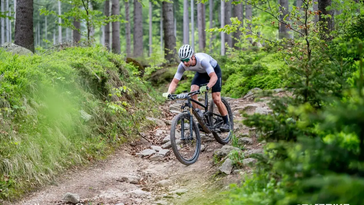 Kolarz MTB pokonuje kamienisty zjazd w lesie. To fragment kalendarza MTB, pełnego adrenaliny i pasji.