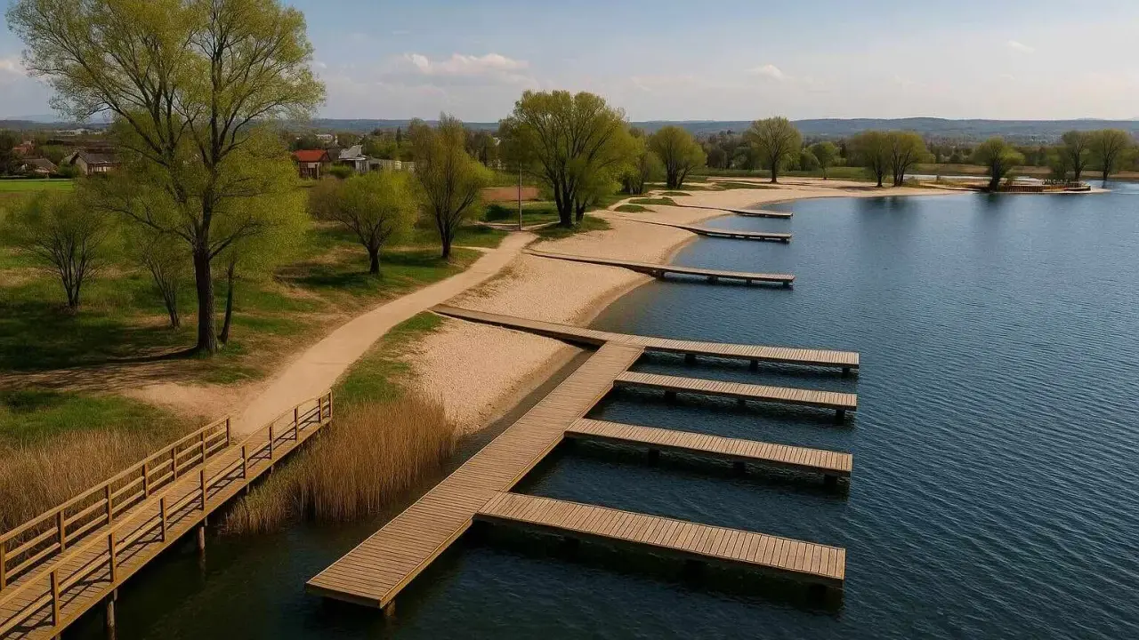 Drewniane pomosty w kształcie litery L i proste, prowadzące do wody, na piaszczystej plaży. W tle zielone drzewa i zabudowania. Idealne miejsce na wypoczynek nad wodą, jak na przylasku ruskim.