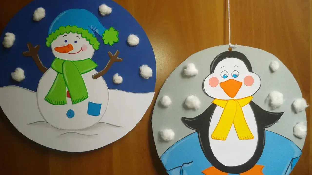 Pupazzi di neve e pinguini colorati, perfetti per le decorazioni invernali scuola primaria.