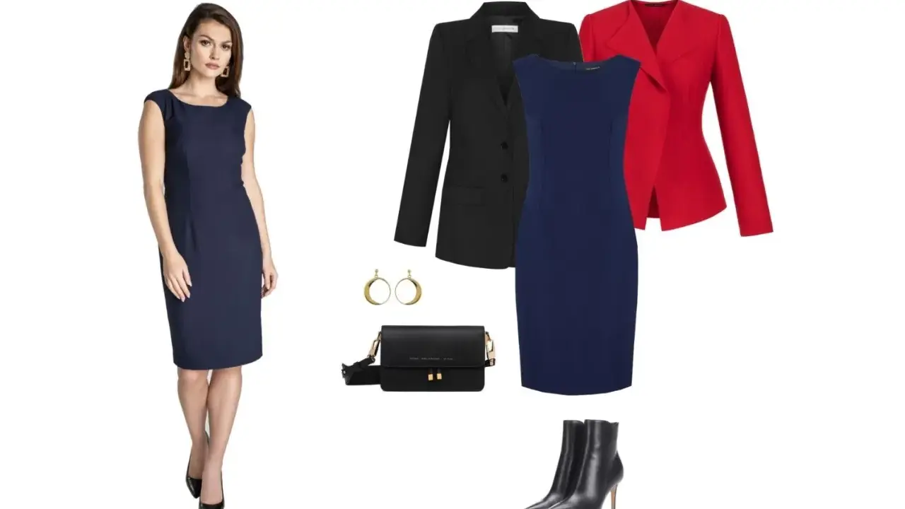 Jaka sukienka do granatowego garnituru? Elegancka granatowa sukienka, czarna marynarka, czerwona marynarka, torebka i buty.