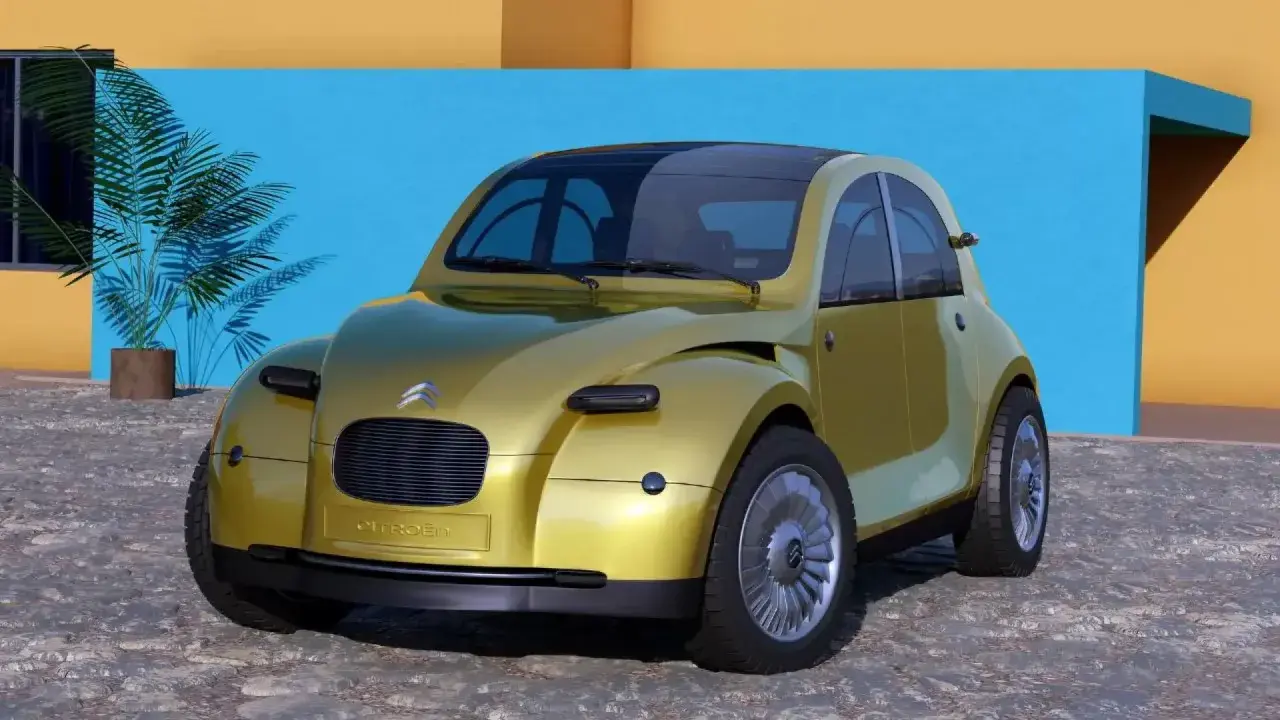 Un Citroën 2CV 2026 futurista, color dorado, con techo panorámico, frente a una pared azul y amarilla.