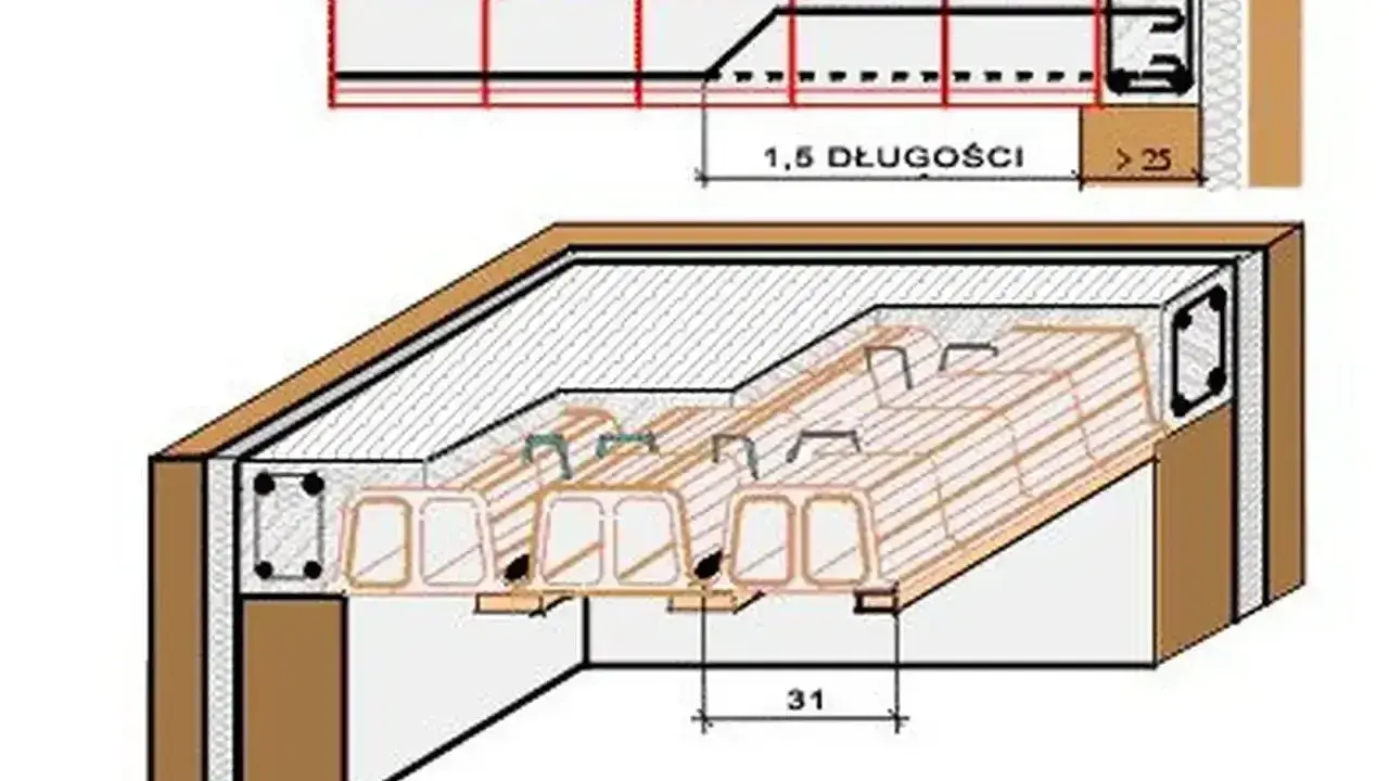 Schemat stropu Ackerman z belkami prefabrykowanymi i zbrojeniem.