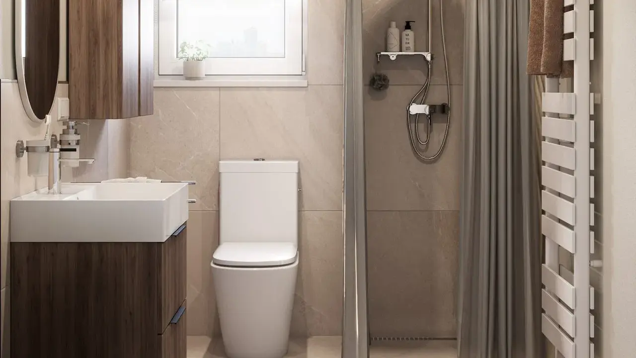 Moderne Ideen für ein kleines Bad: Waschtisch mit Holzunterschrank, weiße Toilette, Dusche mit Vorhang und Heizkörper.