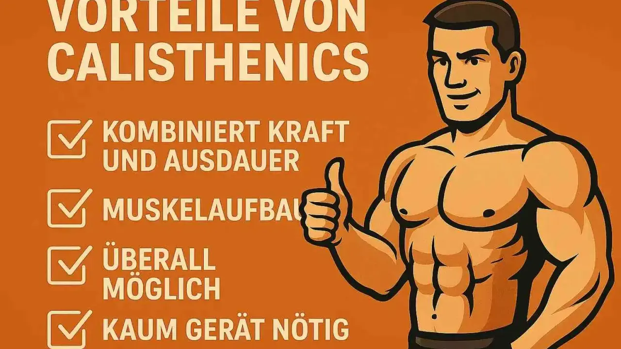 Vorteile von Calisthenics: Muskelaufbau, Kraft & Ausdauer, überall möglich, kaum Gerät nötig. Ein muskulöser Mann gibt Daumen hoch.