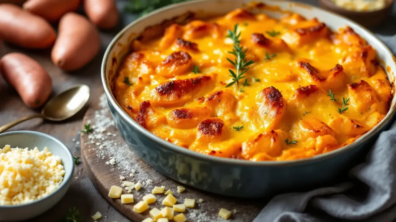 Un délicieux gratin patate douce doré et gratiné, garni de romarin frais. Des patates douces crues et du fromage râpé sont disposés autour.