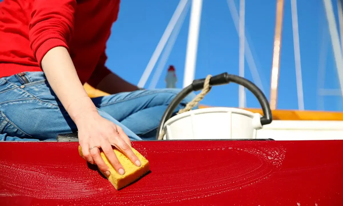 Main d'une personne lavant une coque de bateau rouge avec une éponge jaune.