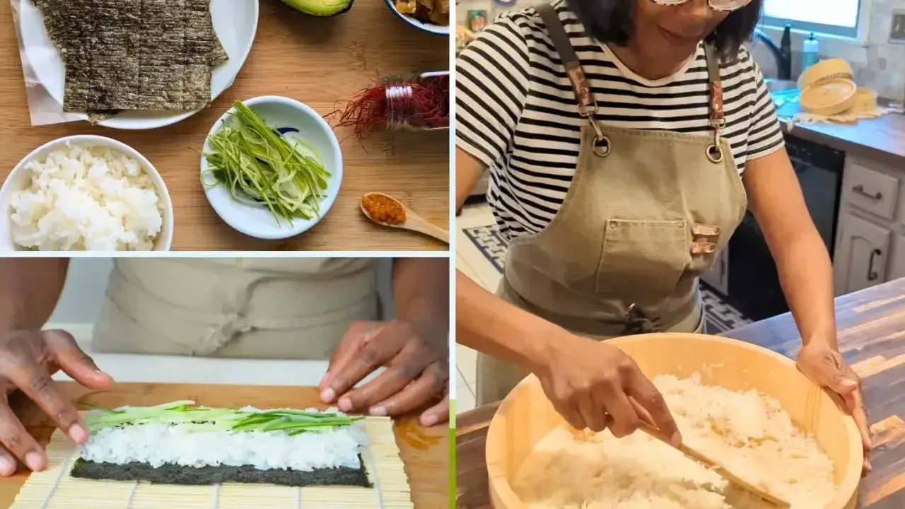 Przygotowanie ryżu do sushi: składniki, zwijanie rolki i mieszanie ryżu w drewnianej kadzi.